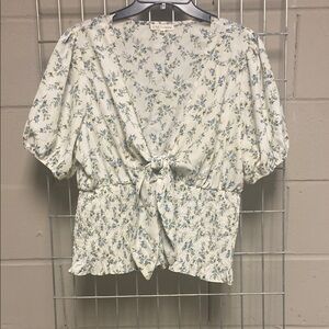 White Puff Sleeve Tie Front Blouse